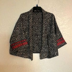 Woven black and white boho red trim boxy crop open blazer jacket